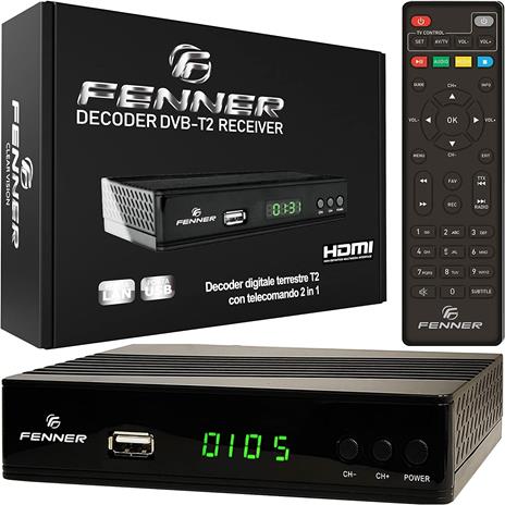Fenner Decoder Digitale Terrestre HD DVB-T2/HEVC USB 2.0 Telecomando 2in1